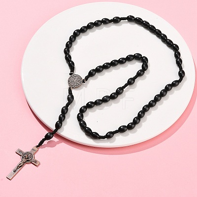 Oval Wood Rosary Bead Necklaces NJEW-C108-01-1