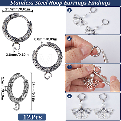 SUNNYCLUE 12Pcs 201 Stainless Steel Hoop Earrings Findings STAS-SC0007-97-1