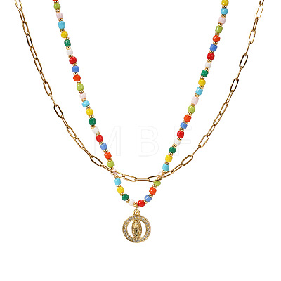 Boho Brass Crystal Rhinestone Religion Virgin Pendant Rainbow Glass Seed Beaded Double Layer Necklaces with Stainless Steel Paperclip Chains EI6810-1-1