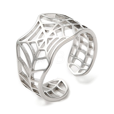 304 Stainless Steel Hollow Spider Web Open Cuff Ring for Women RJEW-M149-25P-1