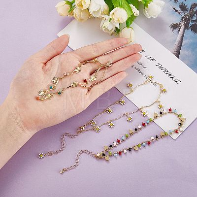 3Pcs 3 Styles Brass Enamel Charm Anklets AJEW-SZ0001-55-1