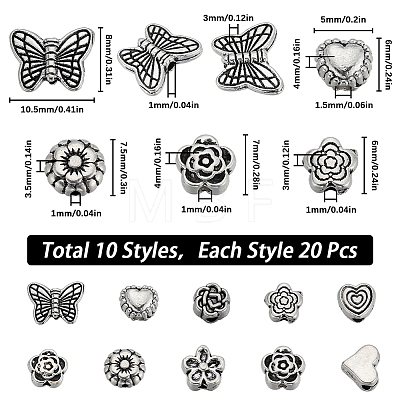 SUNNYCLUE 200Pcs 10 Styles Tibetan Style Alloy Beads FIND-SC0008-21-1