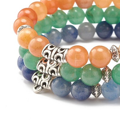 3Pcs 3 Colors Natural Aventurine Round Beaded Stretch Bracelets Set with Curved Tube BJEW-JB07719-1