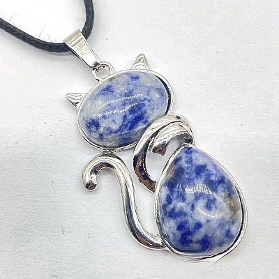 Natural Blue Spot Jasper Alloy Cat Shape Pendant Necklaces KJ2639-13-1