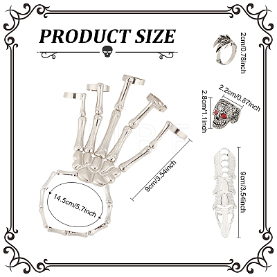 ANATTASOUL Siam Rhinestone Skull Wide Dome & Eagle Claw & Finger Nail Tip Claw Rings & Skeleton Full Hand Ring Bracelet AJEW-AN0007-07-1