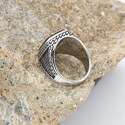 304 Stainless Steel with Natural Black Agate Finger Rings FS-WG67565-03-1