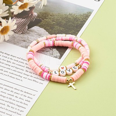 Polymer Clay Heishi Beads Stretch Bracelets Sets for Valentine's Day BJEW-JB06298-03-1