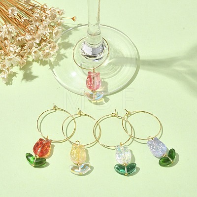 Transparent Glass Tulip Flower Wine Glass Charms AJEW-TA00018-1
