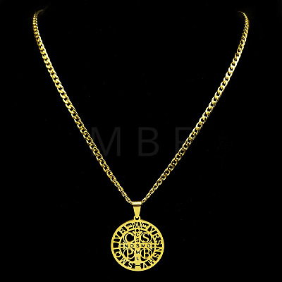 201 Stainless Steel Saint Benedict Medal Pendant Necklaces with Cuban Link Chains for Men FS-WG2A1DE-02-1