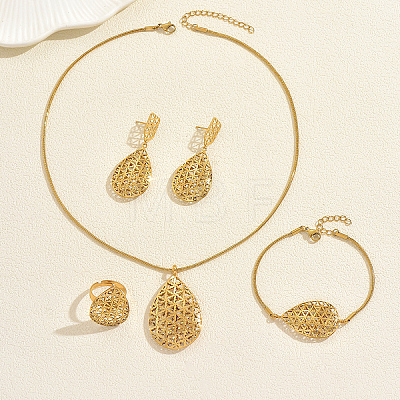 Stainless Steel Hollow Teardrop Bracelets & Earrings & Necklaces & Rings Sets for Women GO0087-1