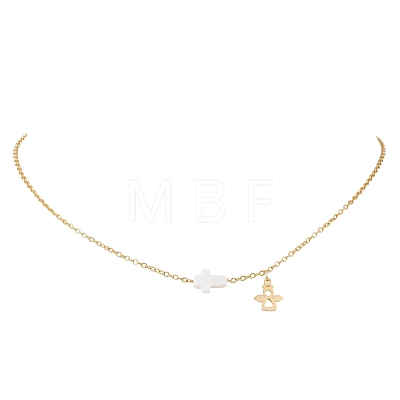 304 Stainless Steel Angel and Natural Freshwater Shell Cross Pendant Necklaces NJEW-JN05720-1