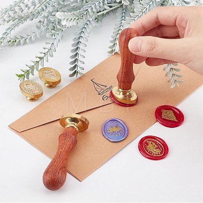 CRASPIRE Pear Wood Handle and Wax Seal Brass Stamp Head Sets AJEW-CP0002-50-1