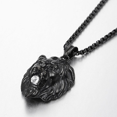 304 Stainless Steel Pave Clear Cubic Zirconia Lion Head Pendant Box Chain Necklaces FS-WG6581A-03-1