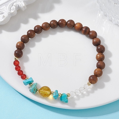 Wood & Natural Quartz Crystal & Carnelian & Synthetic Turquoise Beaded Stretch Bracelets for Women BJEW-TA00730-1
