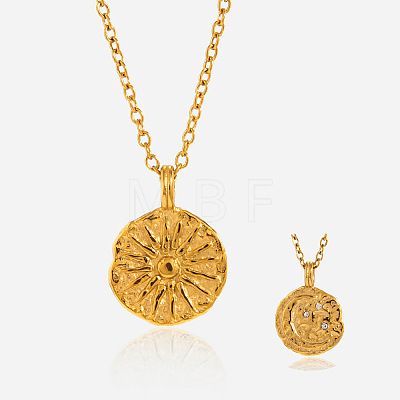 304 Stainless Steel Crystal Rhinestone Textured Coin with Flower Moon Pendant Necklaces for Women WG61E47-01-1