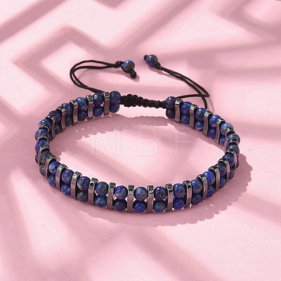 Natural Lapis Lazuli and Synthetic Hematite Adjustable Braided Bead Bracelets BJEW-H626-01-07-1