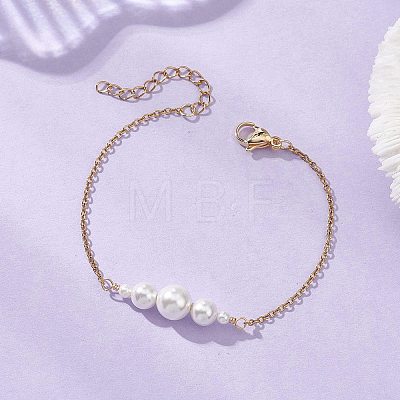 Shell Pearl White Round Graduated Beaded 304 Stainless Steel Cable Chain Bracelets for Women BJEW-JB12981-1