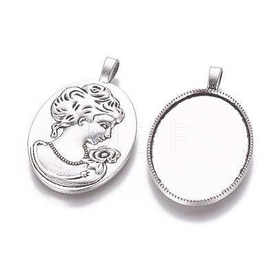 Tibetan Style Alloy Oval with Lady Head Portrait Pendant Cabochon Settings X-TIBEP-S219-AS-NR-1