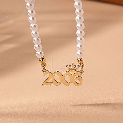 Alloy Crown Birth Year Pendant Imitation Pearl Round White Beaded Necklaces for Women FS-WG173C9-03-1