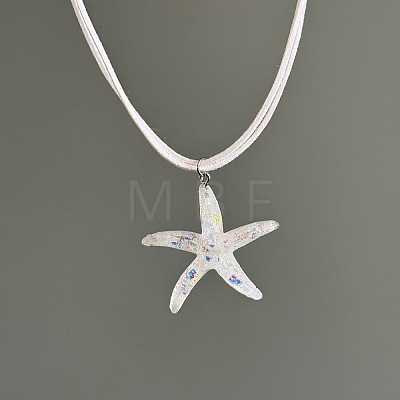 Bohemian Resin Starfish Pendant Double Strands White Imitation Leather Cord Necklaces for Beach FS-WG78CDF-01-1
