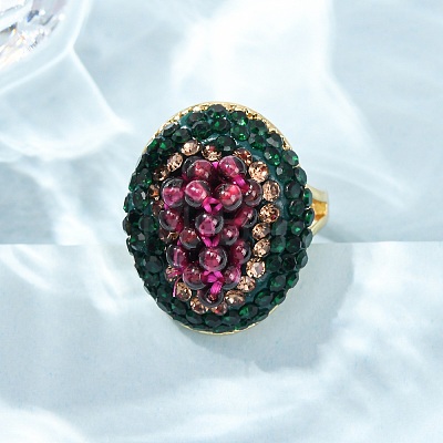 Brass & Polymer Clay Rhinestones & Natural Garnet Cuff Rings RJEW-G365-01G-1