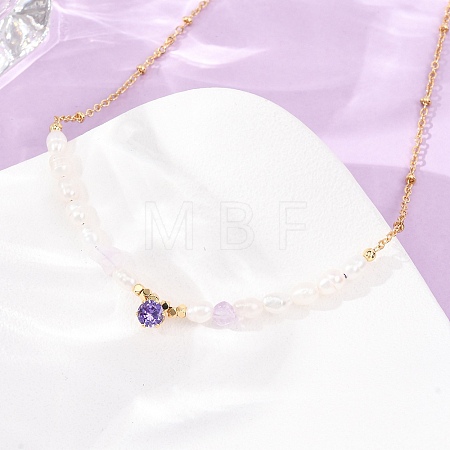 Natural Lavender Amethyst Chip and Rice Natural Pearl Beaded Necklaces GG-CBA3297-15G-F-1