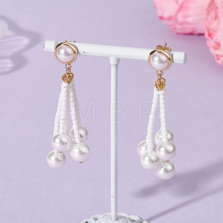 Round Shell Pearl & Glass Seed Beads Dangle Stud Earrings EJEW-TA00768-1