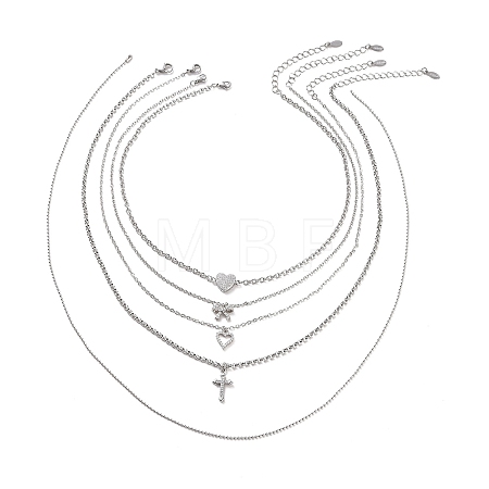 5Pcs 5 Style Heart & Bowknot & Cross Clear Cubic Zirconia Pendant Necklaces Set NJEW-JN04145-1