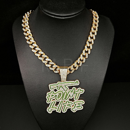 Hiphop Style Zinc Alloy Full Crystal Rhinestone Enamel Green Word Point Life Pendant Cuban Link Chain Necklaces for Men WG9A8ED-01-1