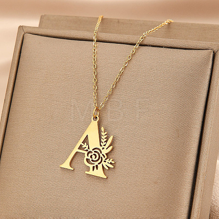 304 Stainless Steel Flower Initial Pendant Necklaces WGE911E-01-1
