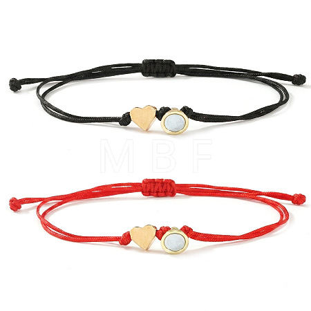 Adjustable Metal Heart Nylon Cord Braided Bead Couple Bracelet Set with Magnetic Clasps YE4942-1-1