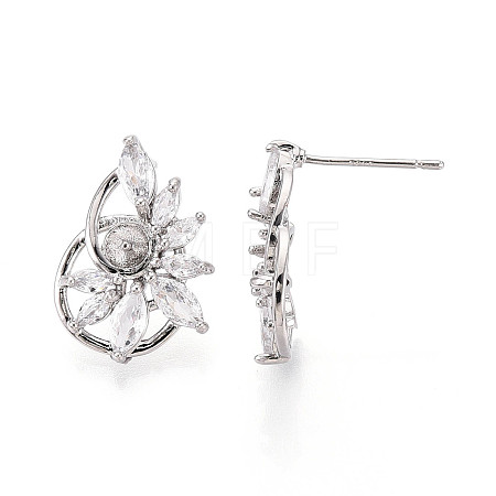 Flower Brass Micro Pave Clear Cubic Zirconia Stud Earrings Findings for Half Drilled Beads KK-T071-07P-1