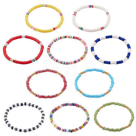 10Pcs 10 Style Handmade Polymer Clay Heishi Surfer Stretch Bracelets Set BJEW-SW00048-1