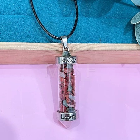 Zinc Alloy with Glass Hexagonal Bottle with Inner Natural Red Jasper Chips Pendant Black PU Leather Cord Necklaces ZW0534-19-1