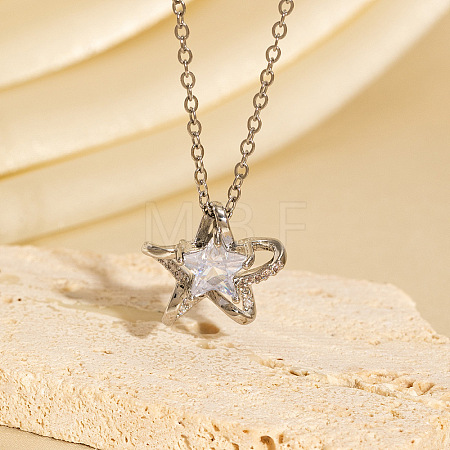 Brass Pave Clear Cubic Zirconia Star Pendant Necklaces for Women WG2341B-02-1