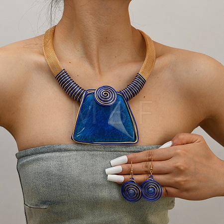 Aluminum Wire Wrapped Acrylic Trapezoid Pendant Necklaces & Flat Round Dangle Earrings Sets WGDE258-02-1
