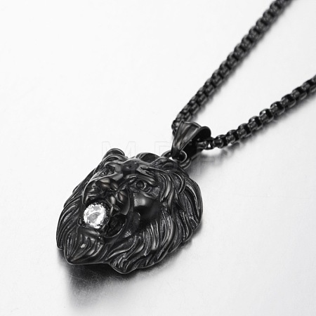 304 Stainless Steel Pave Clear Cubic Zirconia Lion Head Pendant Box Chain Necklaces FS-WG6581A-03-1