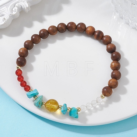 Wood & Natural Quartz Crystal & Carnelian & Synthetic Turquoise Beaded Stretch Bracelets for Women BJEW-TA00730-1