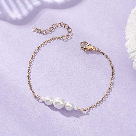 Shell Pearl White Round Graduated Beaded 304 Stainless Steel Cable Chain Bracelets for Women BJEW-JB12981-1