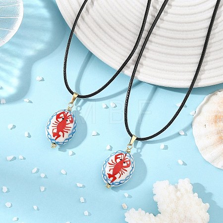Handmade Porcelain Oval with Lobster Pendant Black Waxed Cord Necklaces NJEW-JN06564-1