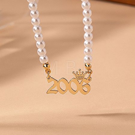 Alloy Crown Birth Year Pendant Imitation Pearl Round White Beaded Necklaces for Women FS-WG173C9-03-1