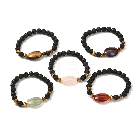 Natural Lava Rock & Oval Mixed Stone Beads Stretch Bracelet BJEW-JB07077-1
