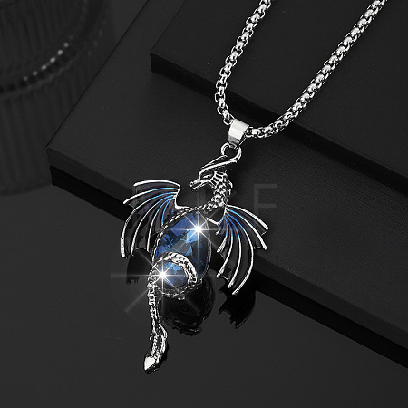 Vintage Alloy Rhinestone Dragon with Teardrop Pendant Necklaces WGE43C1-03-1