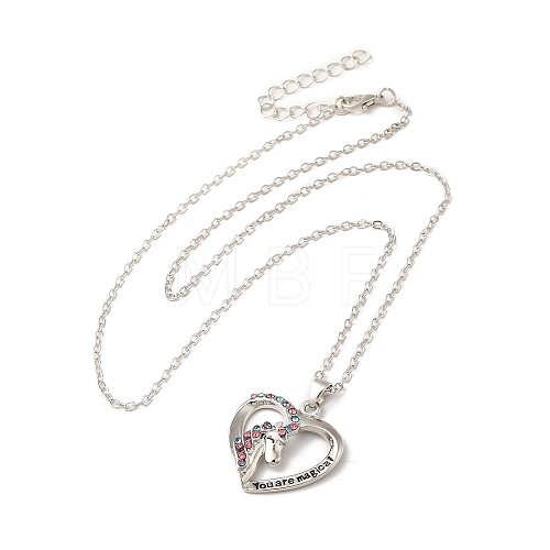 Colorful Rhinestone Heart with Unicorn Pandant Necklace with Cable Chains NJEW-K246-01P-1