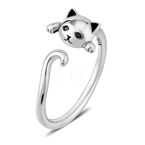 Rhodium Plated 925 Sterling Silver Cute Cat Ring Adjustable Half Open Ring Platinum Plated Ring Zircon Finger Ring Lovely Animal Jewelry Gift for Women JR952A-1