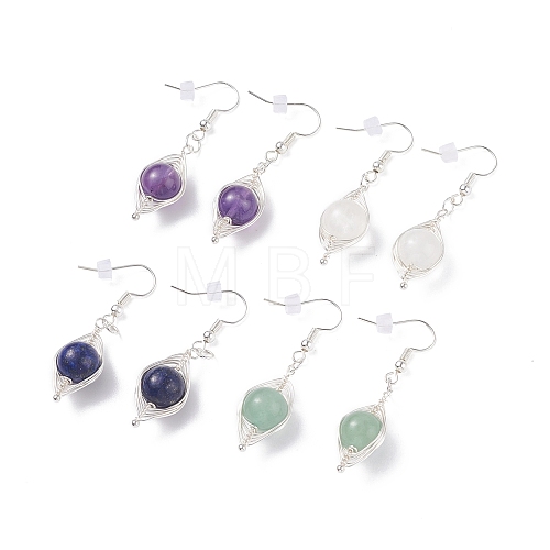 Round Natural Stone Braided Dangle Earrings EJEW-JE04844-1