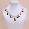 Alloy Enamel with Plastic Halloween Pumpkin Bat Spider Web Pendant Bib Necklaces for Women FS-WGDE872-03-2