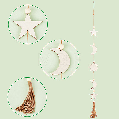 Star Moon Bohemian Style Wooden Pendant Decorations HJEW-WH0053-12-1
