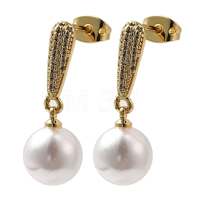 Rack Plating Brass Micro Pave Clear Cubic Zirconia & ABS Plastic Pearl Dangle StudEarrings for Women EJEW-G403-07G-1