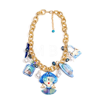 Acrylic Lady Perfume Bottle High Heel and Imitation Pearl Pendant Bib Necklaces with Alloy Chains for Women FS-WGDF0C3-05-1